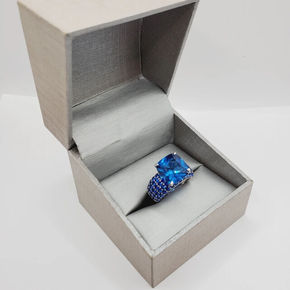 6 Carat Square Cushion Lab Created Blue Spinel Rhodium 925 Sterling Silver Ring